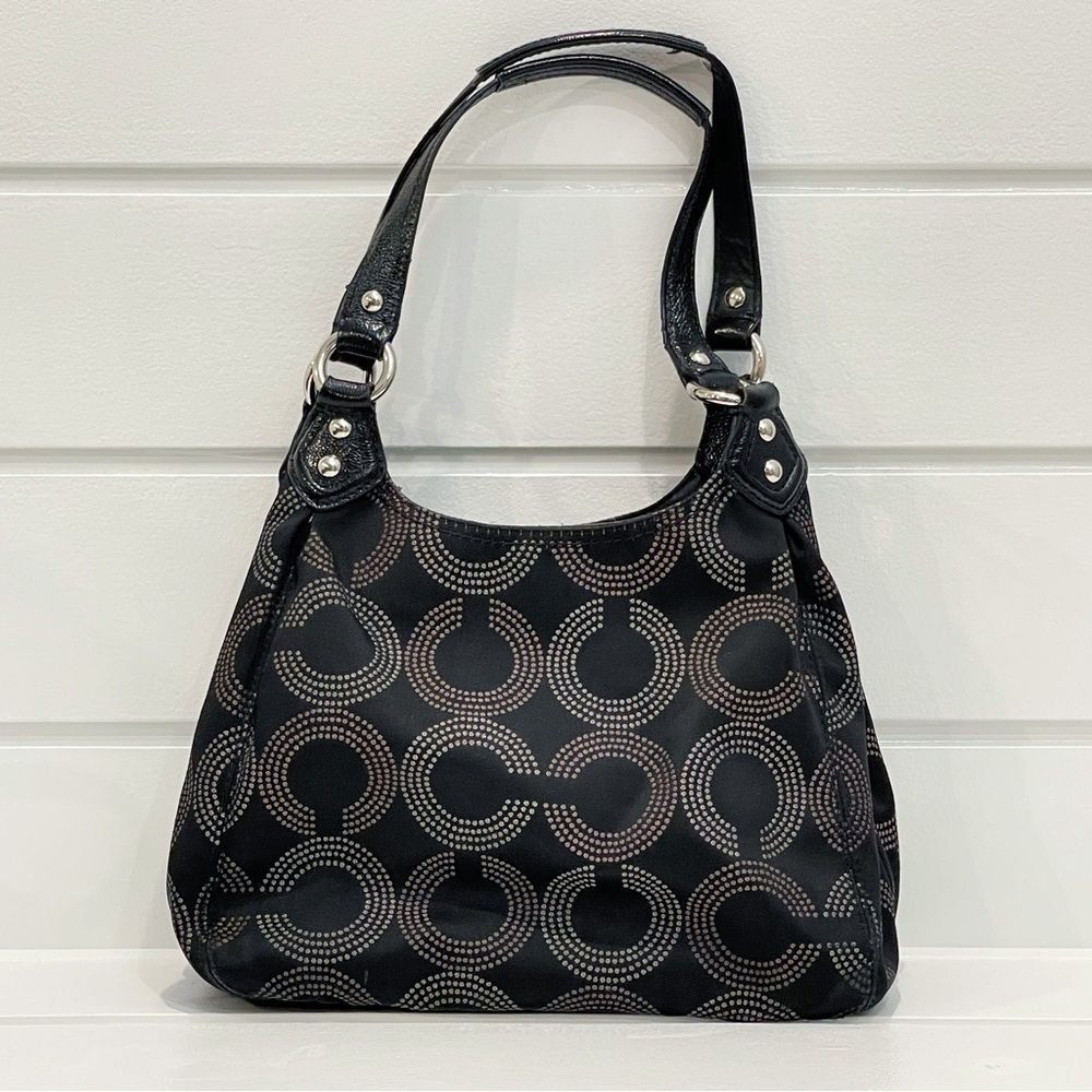 Coach Ashley Triple Compartment Dotted OP Art Hobo Tote Handbag Bag Black F21920 - Picture 5 of 16